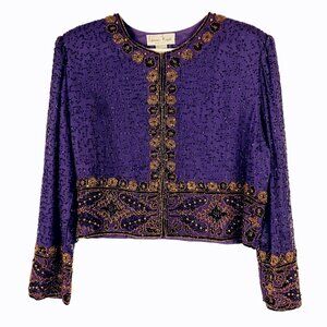 Vintage Laurence Kazar Cropped Silk Jacket Beaded Purple Gold PXL Evening Wear